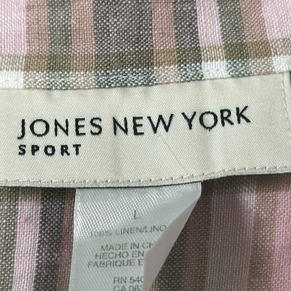 JONES NEW YORK SPORT ROLL TAB SLEEVE 100%LINEN CHECK L - Picture 3 of 4